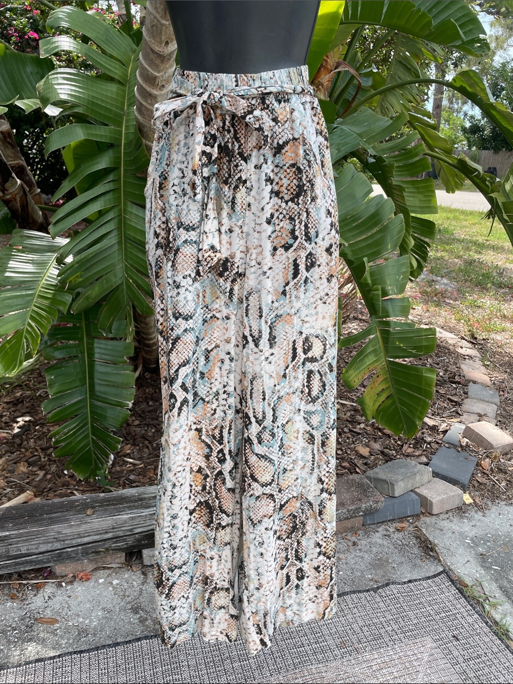 snake print wide leg rayon pants